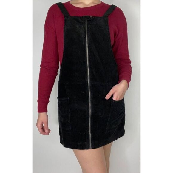 Forever 21 Black Corduroy Zip Up Overall Jumper Dress, Size Small - Picture 5 of 16